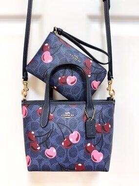 Coach City Mini Tote Coin Purse Set Cherry Print Denim Crossbody CY737